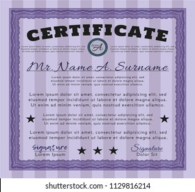 Violet Sample Certificate. Customizable, Easy to edit and change colors. With guilloche pattern and background. Cordial design. 
