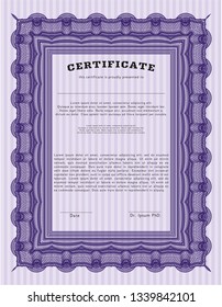 Violet Sample Certificate. Detailed. With great quality guilloche pattern. Cordial design. 