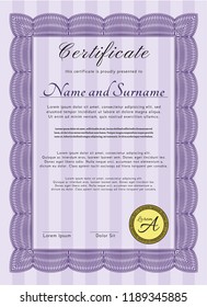 Violet Sample certificate or diploma. Artistry design. With guilloche pattern and background. Customizable, Easy to edit and change colors. 