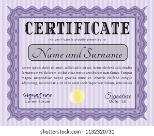 Violet Sample certificate or diploma. With background. Vector illustration. Superior design. 