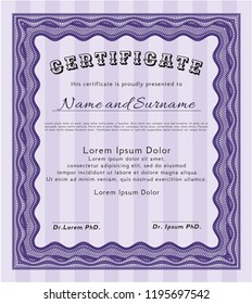Violet Sample certificate or diploma. With complex linear background. Perfect design. Vector illustration. 