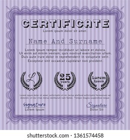 Violet Sample certificate or diploma. With complex linear background. Customizable, Easy to edit and change colors. Money Pattern design. 