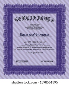 Violet Sample certificate or diploma. With complex linear background. Customizable, Easy to edit and change colors. Money Pattern. 