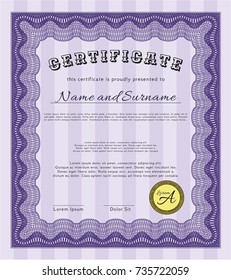 Violet Sample certificate or diploma. With complex linear background. Customizable, Easy to edit and change colors. Money style design. 