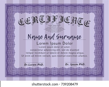 Violet Sample certificate or diploma. With complex background. Money style design. Detailed. 