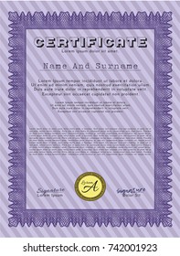 Violet Sample certificate or diploma. Cordial design. Customizable, Easy to edit and change colors. With guilloche pattern. 