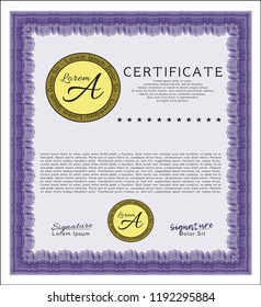 Violet Sample certificate or diploma. Easy to print. Modern design. Vector illustration. 
