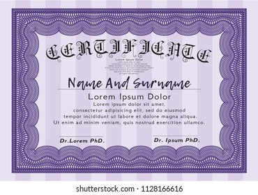 Violet Sample certificate or diploma. Excellent design. With linear background. Vector illustration. 