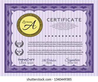 Violet Sample certificate or diploma. Excellent design. Vector illustration. With great quality guilloche pattern. 