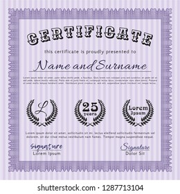 Violet Sample certificate or diploma. Good design. With complex linear background. Detailed. 