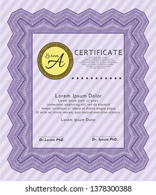 Violet Sample certificate or diploma. With great quality guilloche pattern. Customizable, Easy to edit and change colors. Perfect design. 