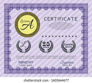 Violet Sample certificate or diploma. With great quality guilloche pattern. Customizable, Easy to edit and change colors. Nice design. 