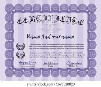 Violet Sample certificate or diploma. With great quality guilloche pattern. Customizable, Easy to edit and change colors. Excellent design. 
