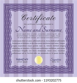 Violet Sample certificate or diploma. With guilloche pattern and background. Excellent design. Detailed. 