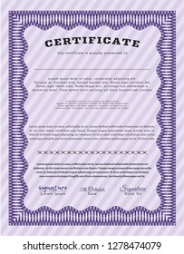 Violet Sample certificate or diploma. With guilloche pattern. Vector illustration. Sophisticated design. 