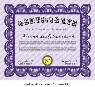 Violet Sample certificate or diploma. With guilloche pattern. Cordial design. Vector illustration. 