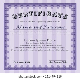 Violet Sample certificate or diploma. With guilloche pattern and background. Perfect design. Vector illustration. 