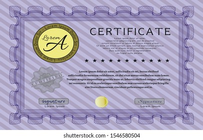 Violet Sample certificate or diploma. With linear background. Customizable, Easy to edit and change colors. Cordial design. 