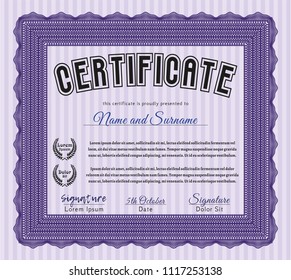 Violet Sample certificate or diploma. Money Pattern. Vector illustration. With complex linear background. 