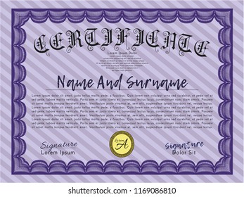 Violet Sample certificate or diploma. Money Pattern design. With guilloche pattern and background. Vector illustration. 