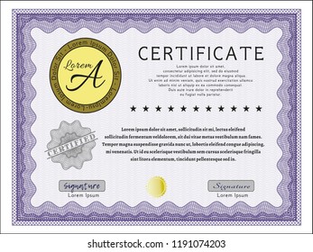 Violet Sample certificate or diploma. Money design. Detailed. With guilloche pattern. 