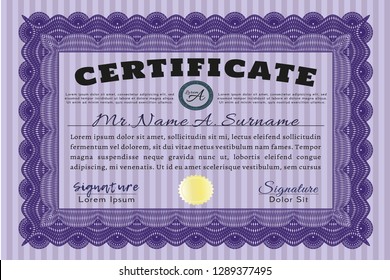 Violet Sample certificate or diploma. Nice design. Vector illustration. With complex background. 