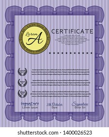 Violet Sample certificate or diploma. With quality background. Money Pattern. Vector illustration. 