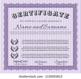 Violet Sample certificate or diploma. Retro design. With complex linear background. Vector illustration. 