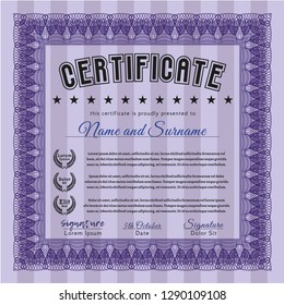 Violet Sample certificate or diploma. Retro design. Vector illustration. With great quality guilloche pattern. 