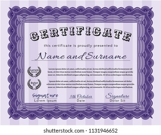 Violet Sample certificate or diploma. Sophisticated design. With quality background. Vector illustration. 