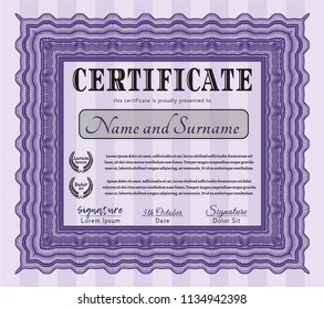 Violet Sample certificate or diploma. Vector illustration. With guilloche pattern. Money Pattern. 