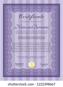 Violet Sample certificate or diploma. Vector illustration. With background. Sophisticated design. 