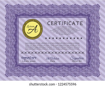 Violet Sample certificate or diploma. Vector illustration. With great quality guilloche pattern. Elegant design. 