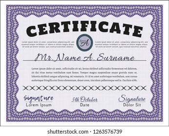 Violet Sample certificate or diploma. Vector illustration. Easy to print. Sophisticated design. 
