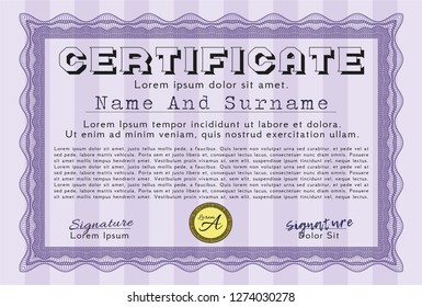 Violet Sample certificate or diploma. Vector illustration. With guilloche pattern. Lovely design. 