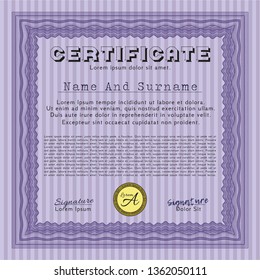 Violet Sample certificate or diploma. Vector illustration. With guilloche pattern. Elegant design. 