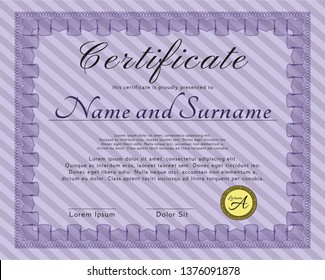 Violet Sample Certificate. Excellent design. Vector illustration. With guilloche pattern. 