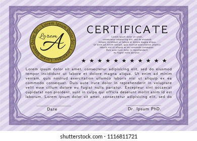 Violet Sample Certificate. Good design. Vector illustration. With guilloche pattern and background. 