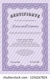 Violet Sample Certificate. Good design. With great quality guilloche pattern. Detailed. 