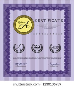 Violet Sample Certificate. With great quality guilloche pattern. Excellent design. Vector illustration. 