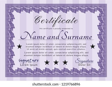 Violet Sample Certificate. With guilloche pattern and background. Sophisticated design. Customizable, Easy to edit and change colors. 