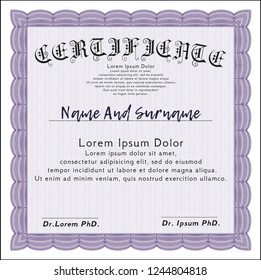 Violet Sample Certificate. With guilloche pattern and background. Good design. Vector illustration. 