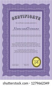 Violet Sample Certificate. Modern design. Vector illustration. With complex background. 
