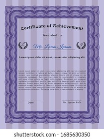 Violet Sample Certificate. Money design. Detailed. With guilloche pattern and background. 