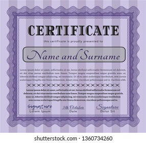 Violet Sample Certificate. Money Pattern design. Vector illustration. Complex background. 