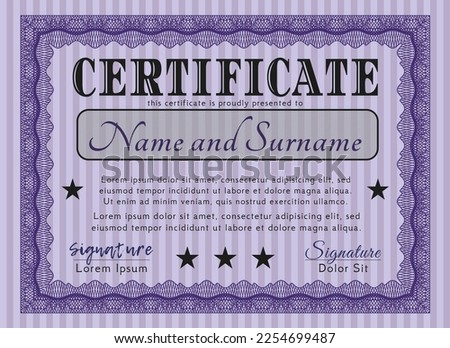 Violet Sample Certificate.  Money style design.  With background.   