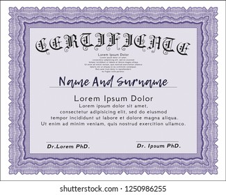 Violet Sample Certificate. Printer friendly. Vector illustration. Money Pattern. 
