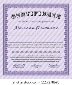 Violet Sample Certificate. Sophisticated design. With guilloche pattern. Detailed. 