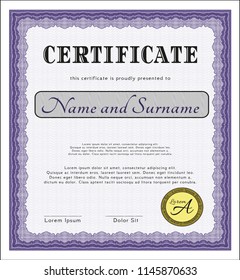 Violet Sample Certificate. Sophisticated design. Vector illustration. With guilloche pattern. 