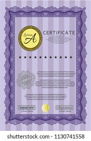Violet Sample Certificate. Vector illustration. With complex background. Lovely design. 